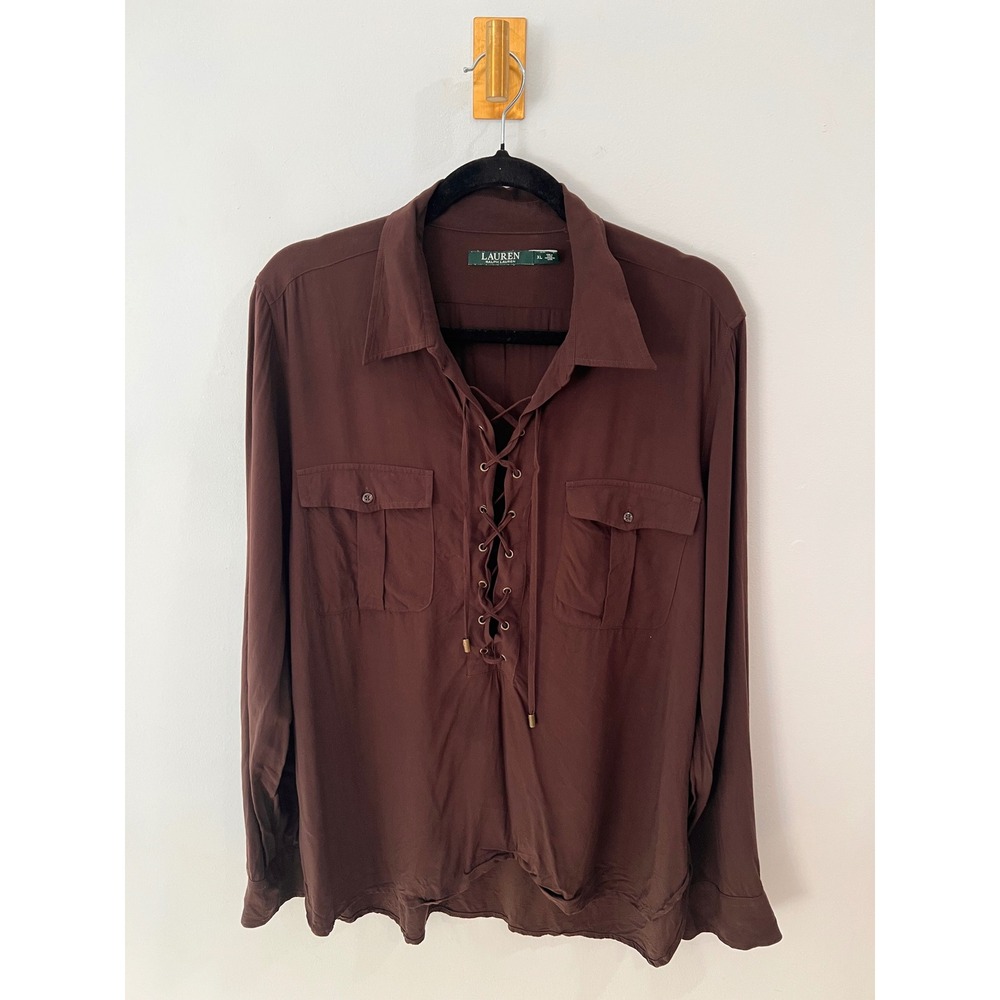 Lauren‎ Ralph Lauren Blouse Lace Up Utility Boho Western Brown XL